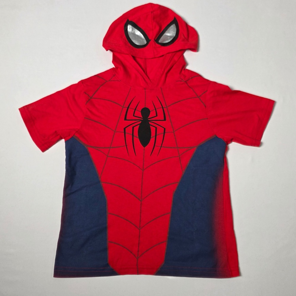 Marvel Spider-Man Hooded T-Shirt Kids Size 5/6 Red Blue Short Sleeve Costume Tee